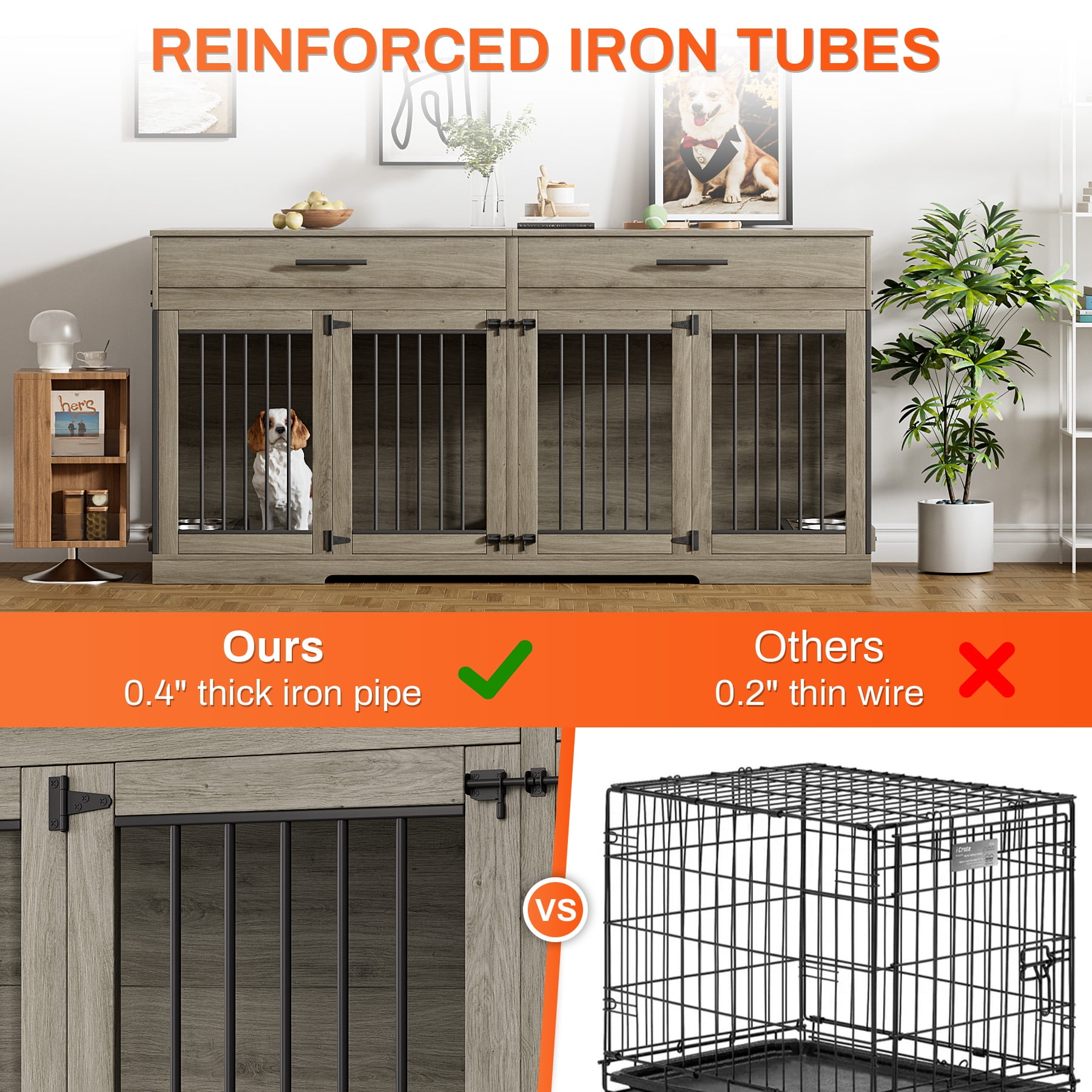 Rophefx 72" Dog Crate Furniture for 2 Dogs,Large Kennel with 2 Drawers and 4 Bowls,Wooden Heavy Duty Indoor Dog House,Grey