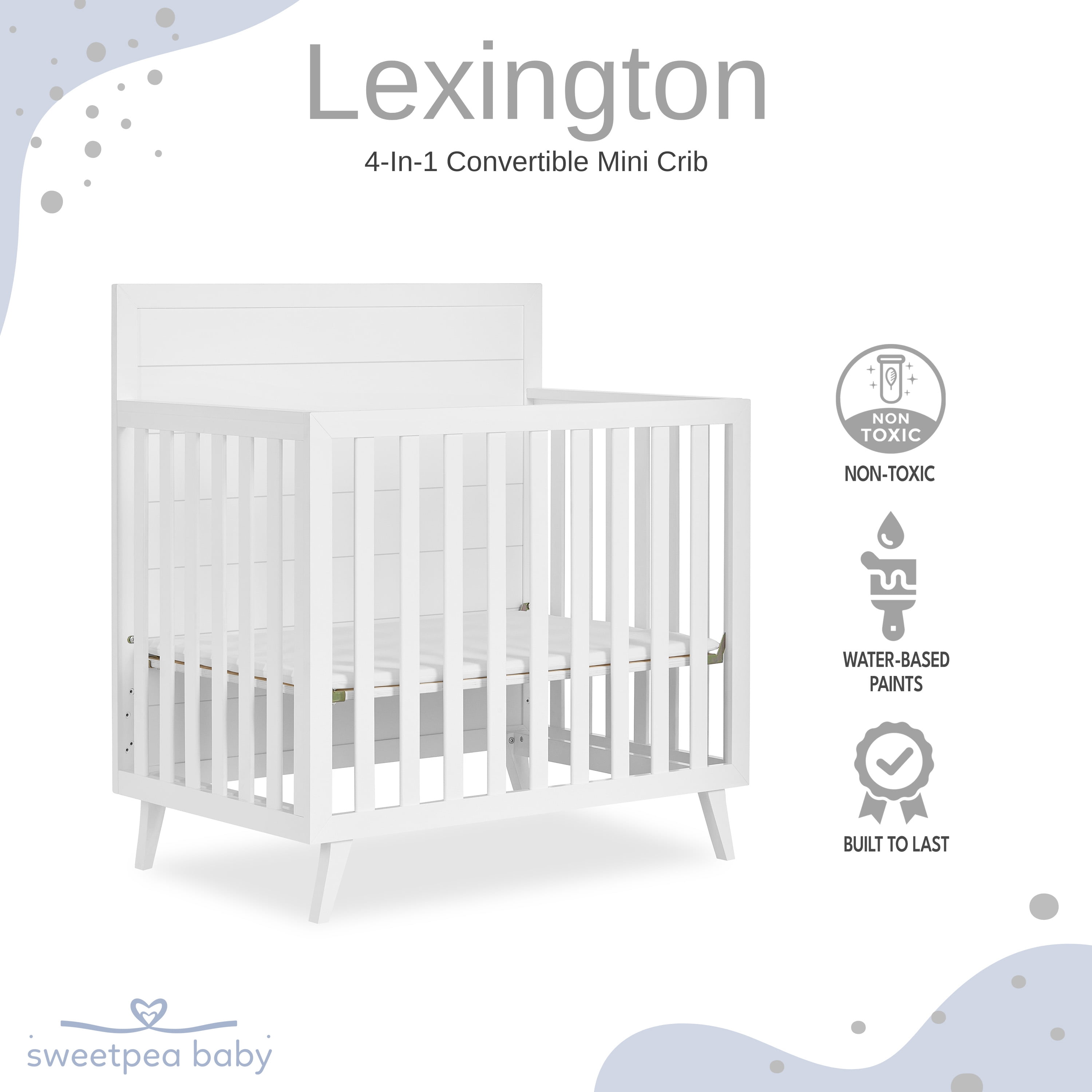 Dream On Me Lexington 4 in 1 Baby Convertible Mini Crib, Sustainable New Zealand Pinewood, White