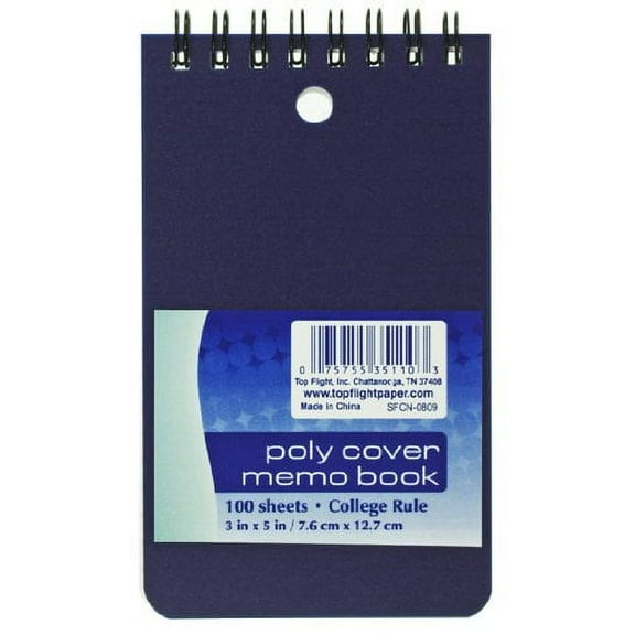 Top Flight Poly Cover Memo Book, 3 x 5 Inches, Top Wire, Cover Color (Pack of 2)