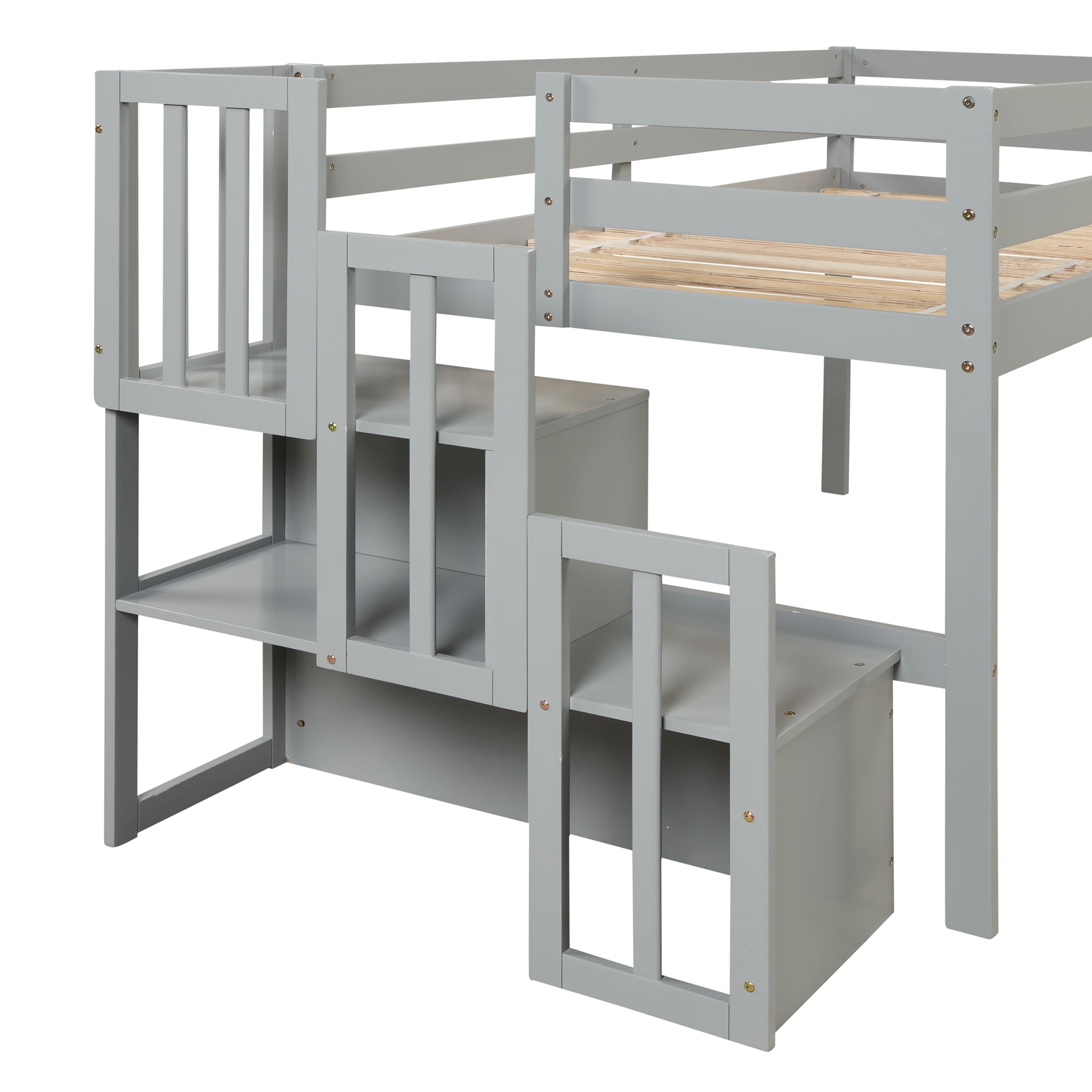 Gewnee Wood Twin Low Loft Bed with Storage Staircase and Safety Guardrails for Kids,Gray