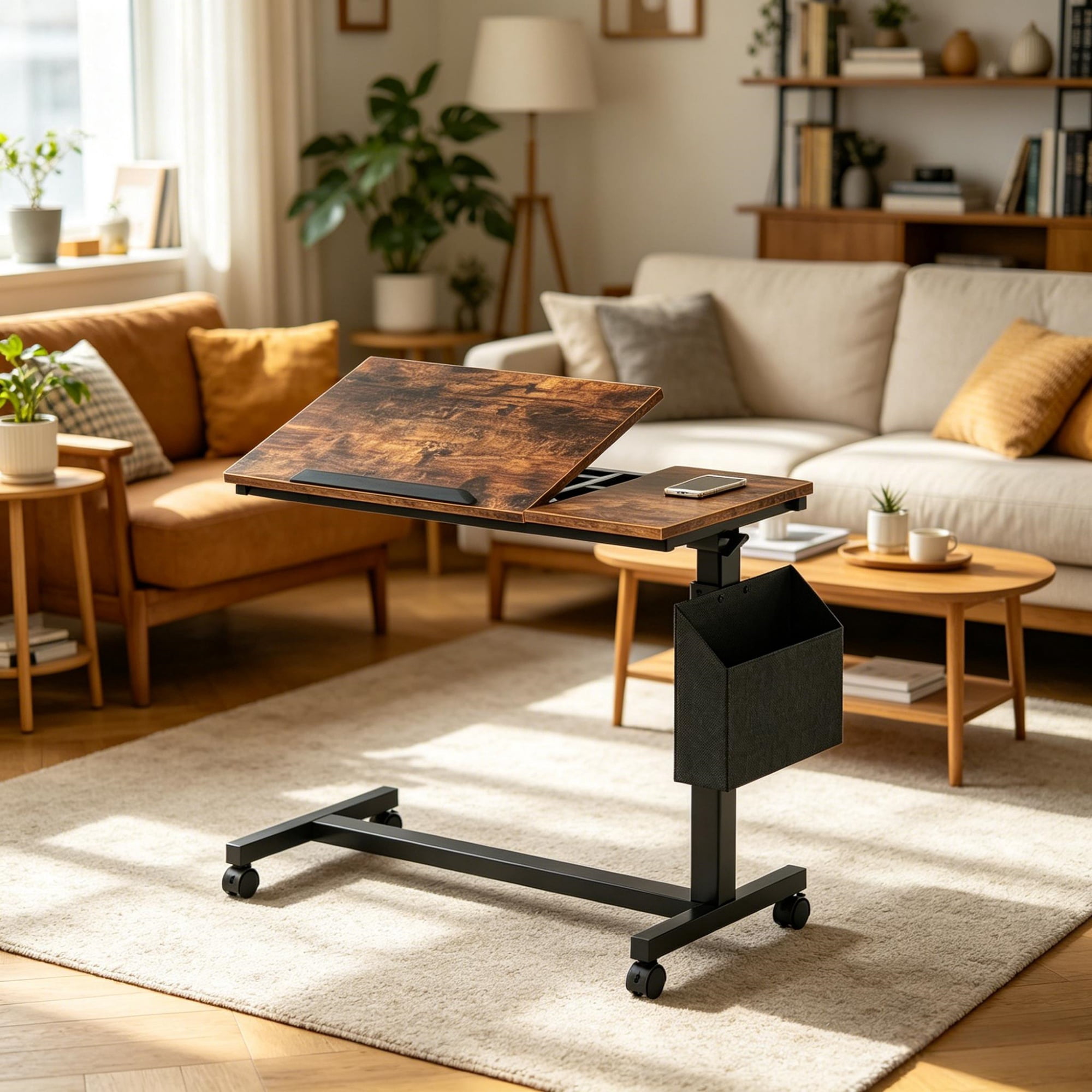Mobile C Table, Adjustable Height Wood Side Table with Wheels, Tiltable Top, 45 lb Capacity