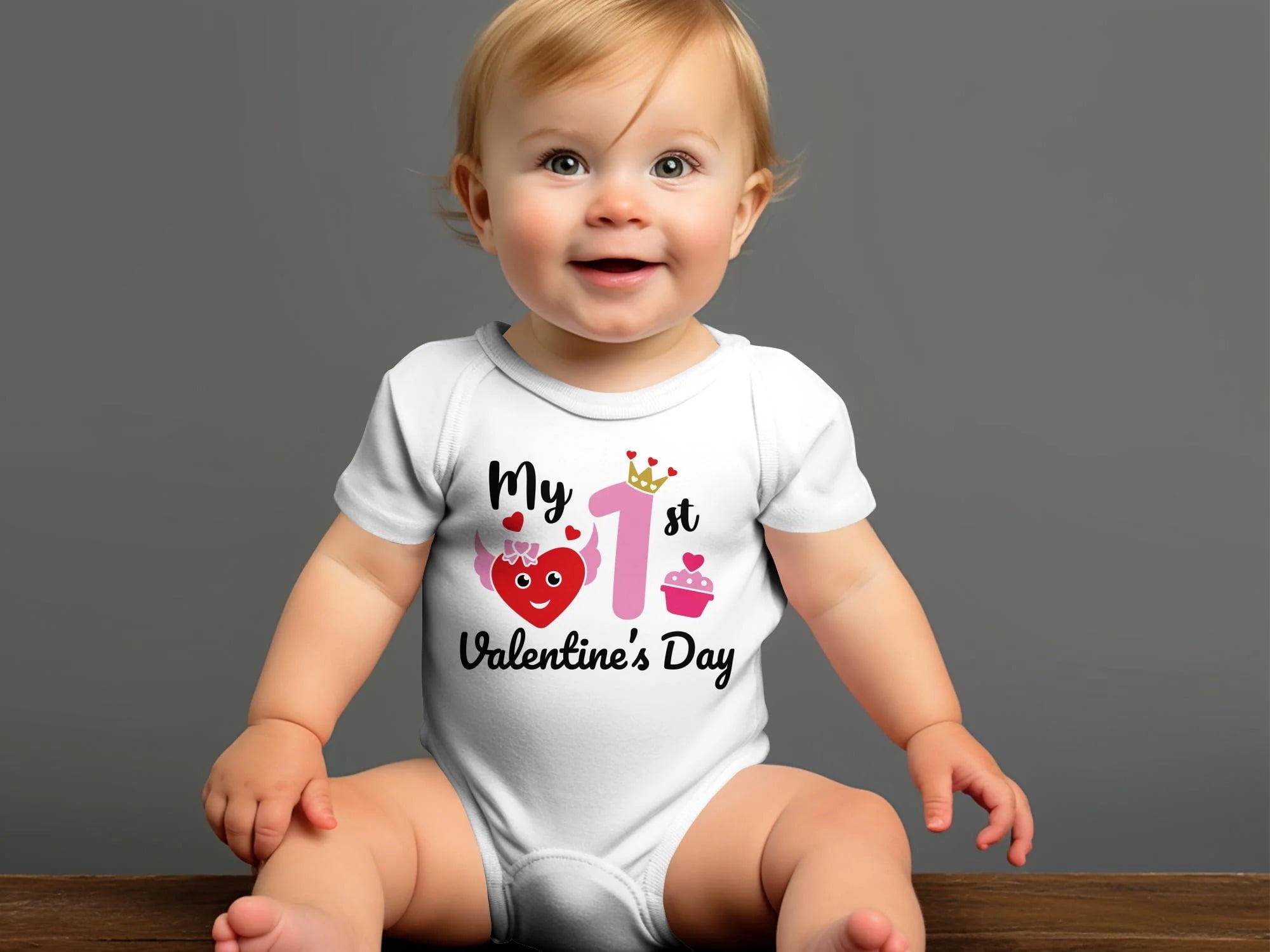 My 1st Valentine's Day Bodysuit, Baby Girl Heart Cupcake Outfit, Cute Infant First Love Onesie