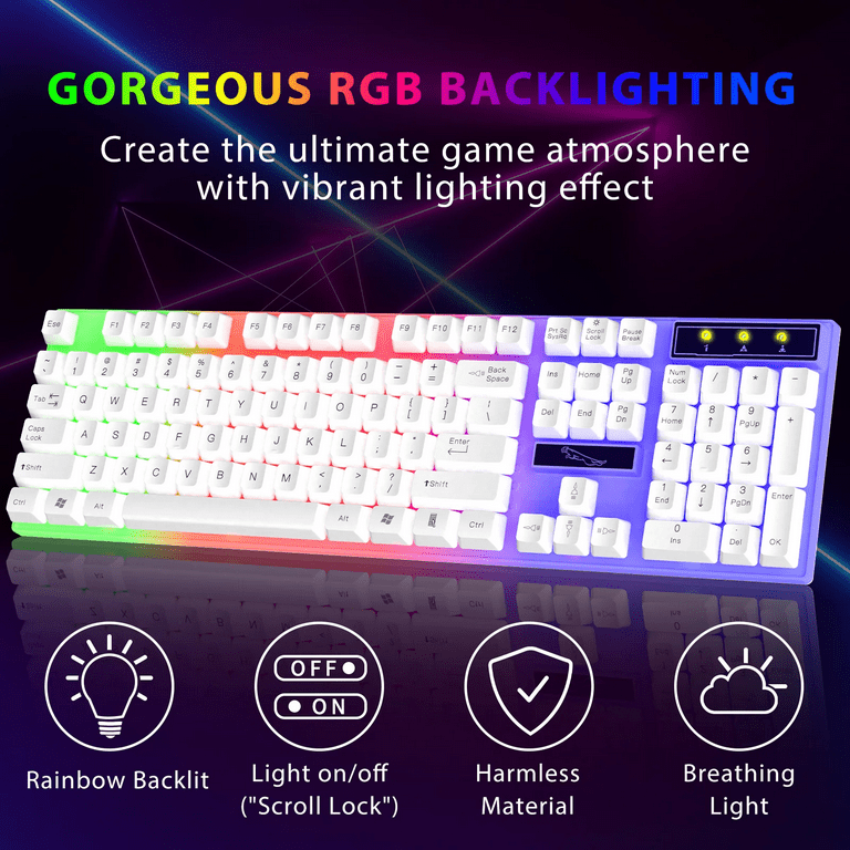 Rainbow Computer Keyboard, Wired USB Lighting Mechanical Computer Keyboard  Mouse for PS4/PS3/Xbox One, PC Accessories Gaming Keyboards（White) 