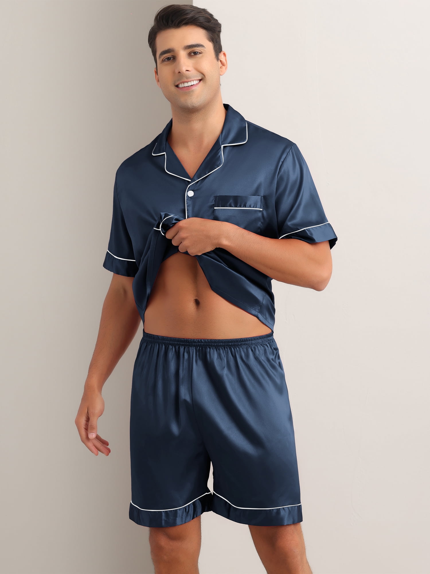 DARING DIVA Men's 2-Piece Satin Short Sleeve Nightwear Shorts Pajamas Set S Dark Blue