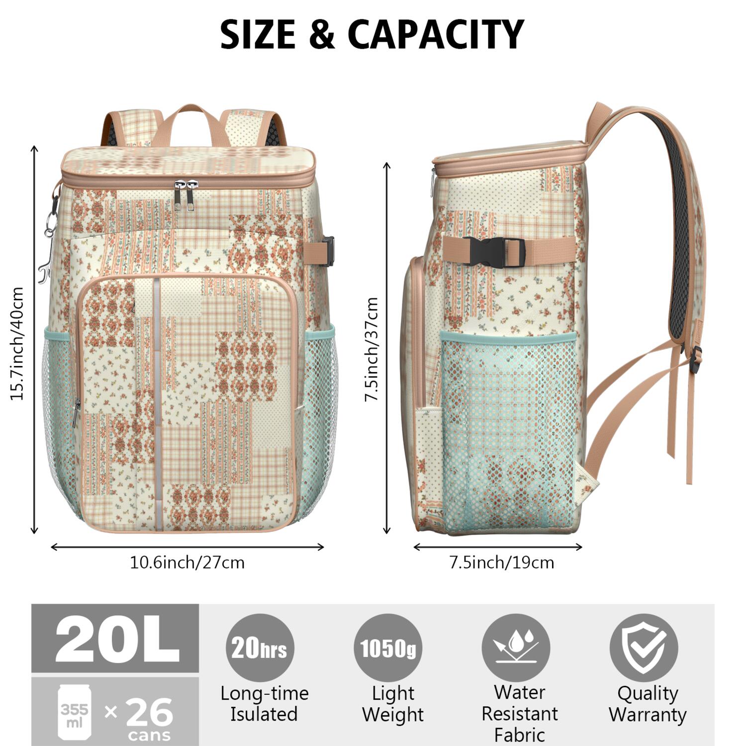 Travel Cooler Bag - Pioneer Flower Floral Print Pattern Camping Beer Cooler Backpack with Bottle Opener- Waterproof Insulated Picnic Backpacks - Cooler Bag for Beach