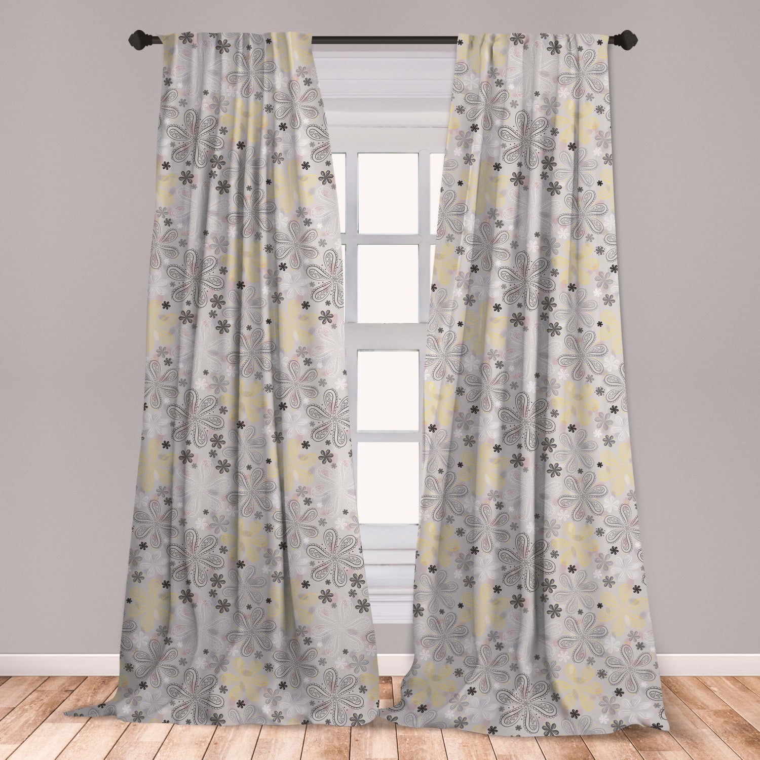 Grey and Yellow Curtains 2 Panels Set, Bohem Style Paisley Print
