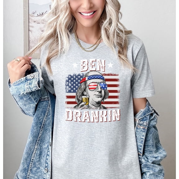 Moonlight Apparel 4th of July Ben Drankin Multicolor T-Shirt Funny Patriotic Graphic Tee for Men & Women American Flag USA Shirt for Independence Day, BBQs & Summer Parties