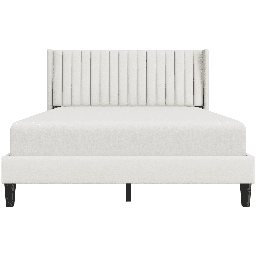 Fullfurnique Lit Rembourré avec Tête de Lit à Oreilles Design a Cannelures, Taille Queen, Ivoire