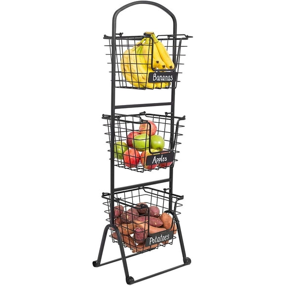BirdRock Home Stacking Wire Market Baskets with Chalk Label - Set of 2 - Fruit Vegetable Produce Metal Storage Bin for Kitchen Counter - Pantry Cabinet - Bathroom Shelves - Metallic Black
