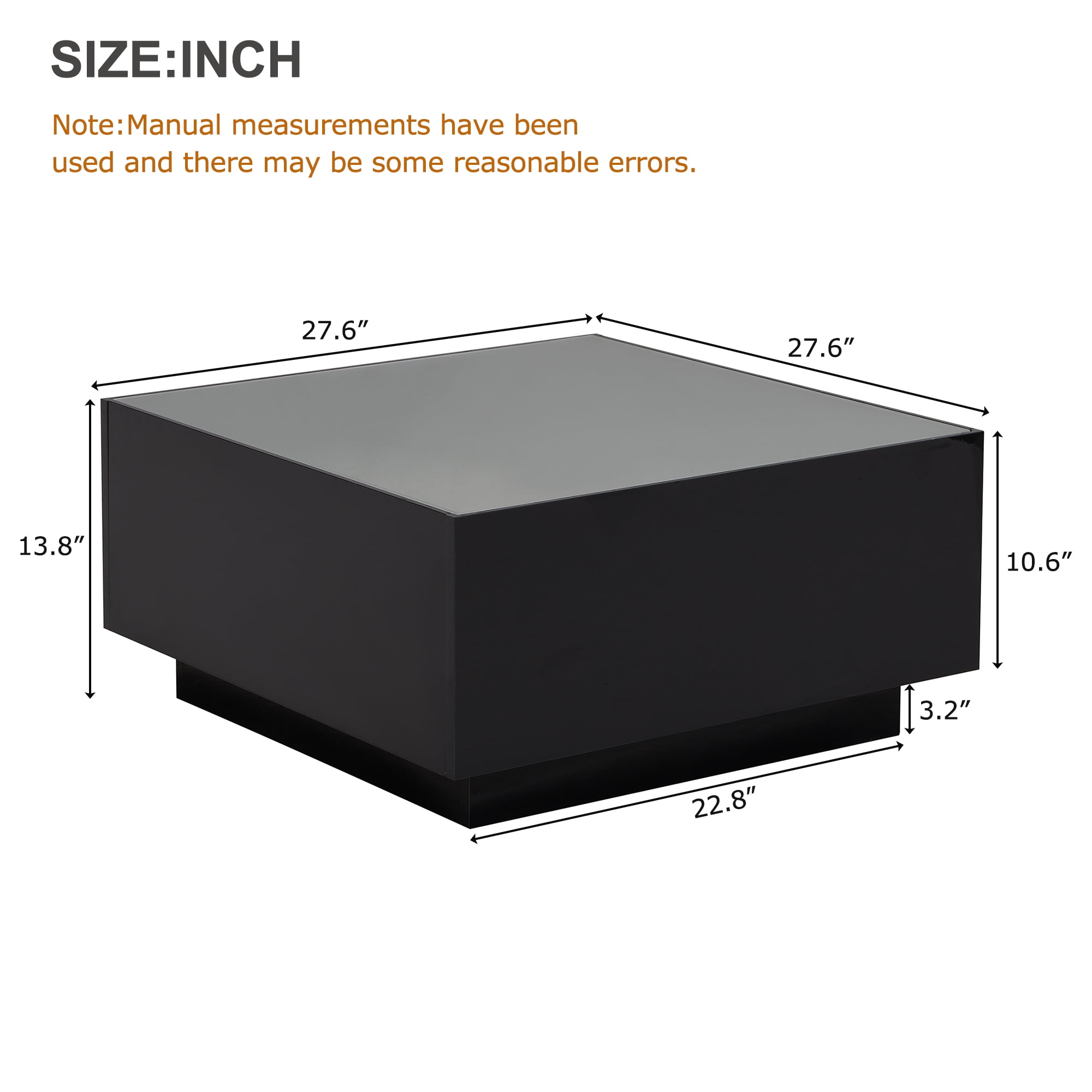 MAYEERTY Square High Glossy Coffee Table with 16-Color LED Strip Lights, Modern Center Table with 5mm Frosted Tempered Glass Top for Living Room, Black, 27.5*27.5in