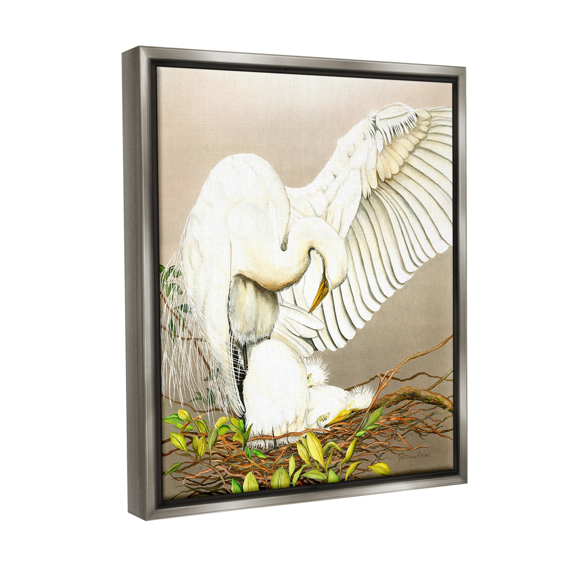Stupell Industries White Bird & Nest Animals & Insects Painting Gray Floater Framed Canvas Art Print Wall Art, 25 x 31