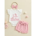 thumbnail image 6 of Niusricy Toddler Baby Girl Summer Outfit Sets 0-18M Kids Fly Sleeve Romper Letter Embroidery Jumpsuits with Floral Pattern Belted Shorts and Bow Headband Infant Newborn Fashion Cute Clothes for Daily, 6 of 9