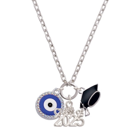 Delight Jewelry Silver-tone Large Blue Evil Eye with AB Crystal Border - Silver-tone Class of 2025 Graduation Zoey Necklace, 28"