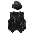 thumbnail image 4 of YONGHS Kids Boys Girls Sequin Vest Top Waistcoat and Hat Set Jazz Hip Hop Dance Performance Costume Black 3-4, 4 of 7