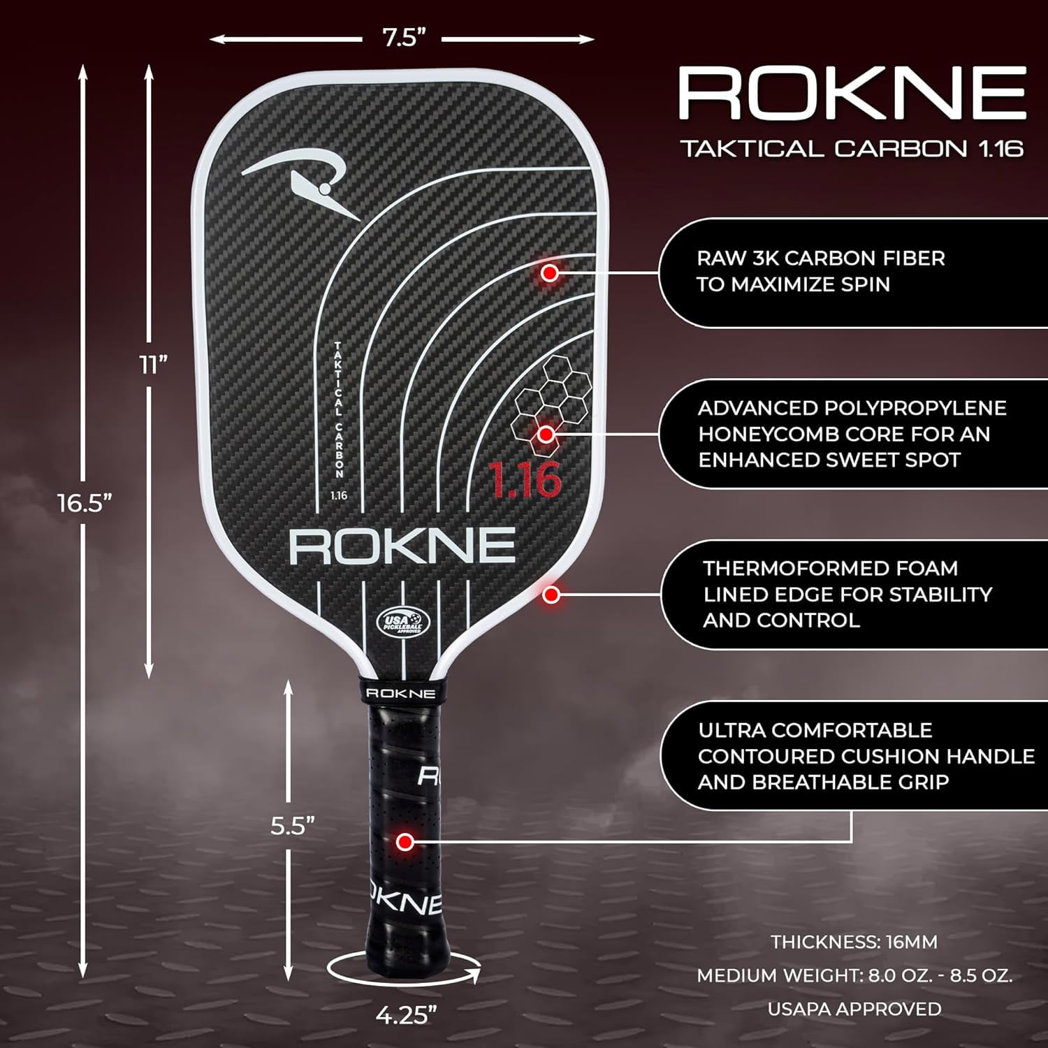 Rokne Taktical 3K Raw Carbon Fiber Pickleball Paddle Thermoformed Foam Lined Racket Edge, 16mm