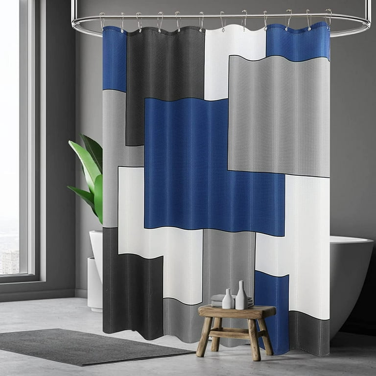 Blue and Gray Modern Shower Curtain 72x72 Grey White Shower Curtains for  Bathroom Decor Black Dark Blue Geometric Shower Curtain with Hooks Waffle