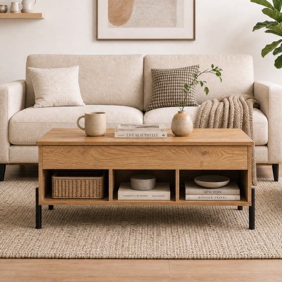 LIVIZA Farmhouse Lift Top Coffee Table with Hidden Compartment , Wooden Convertible Coffee Table with Storage Shelf for Living Room