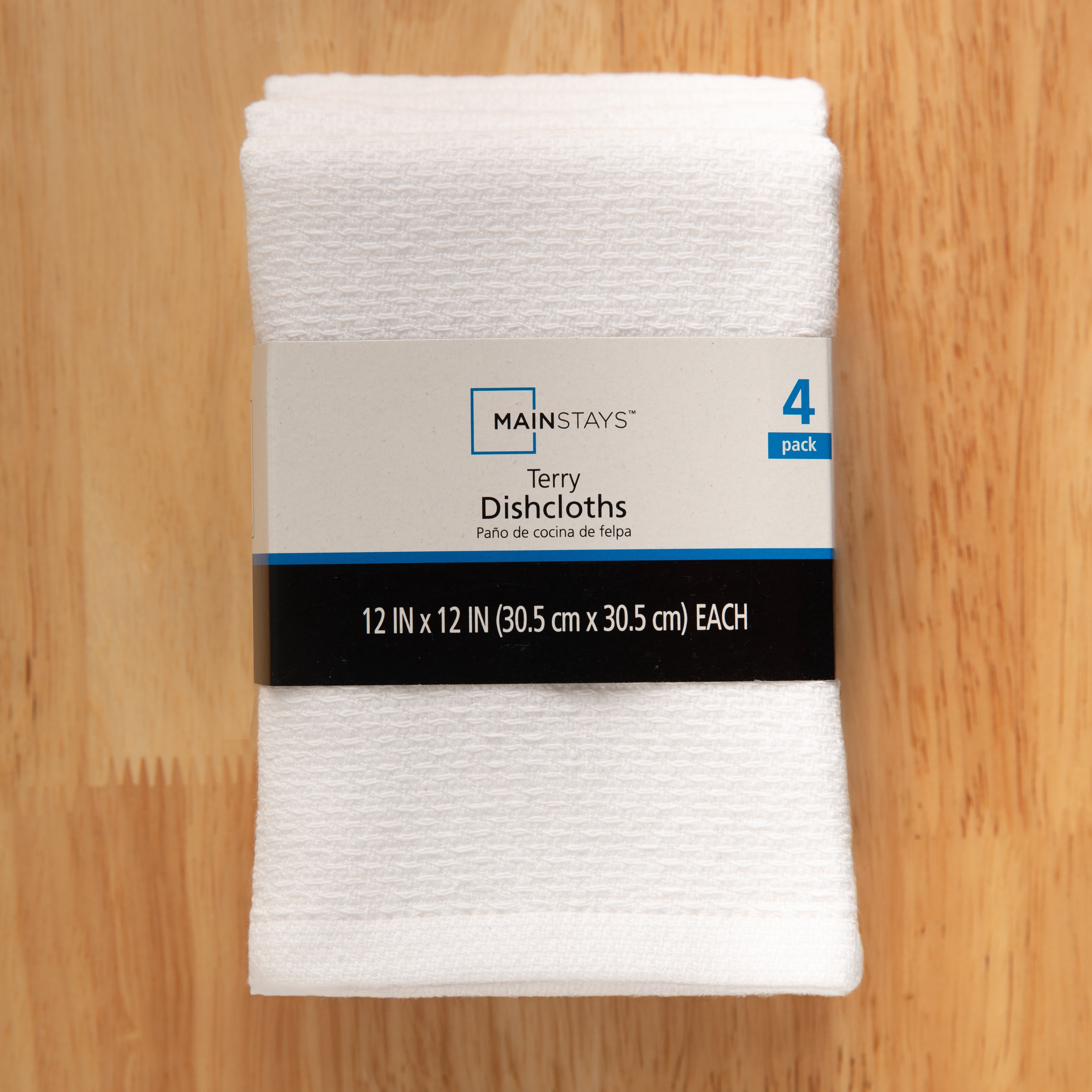 Mainstays 100% Dual-Sided Cotton Dishcloths, 4 Pieces, 12 in x 12 in, White