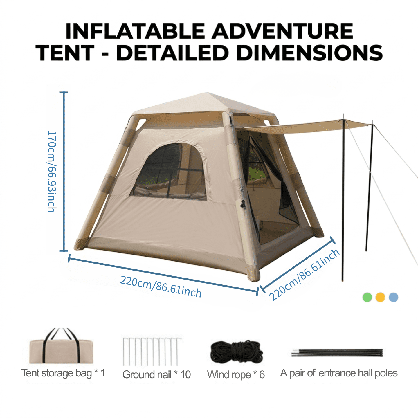 Inflatable Camping Tent for 2-4 Person, Waterproof Air Tent with Easy Setup, Instant Blow Up Family Tent for Outdoor Camping, Hiking & Travel, Includes Storage Bag & Manual Pump