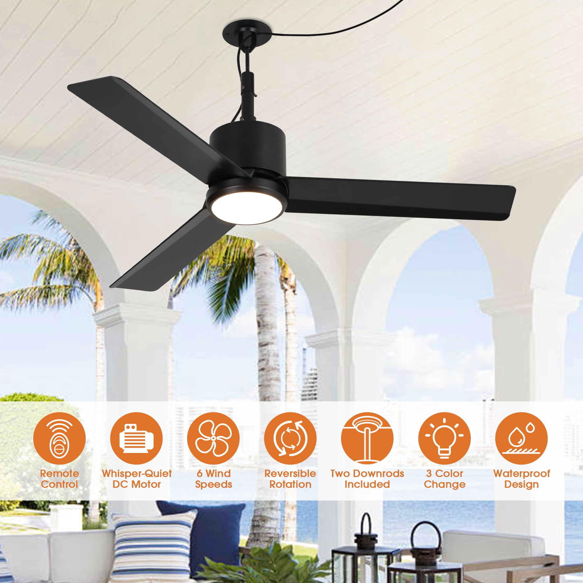 Parrot Uncle 42" IP65 Waterproof Plug-in Outdoor Ceiling Fan with Light and Remote, Black Propeller Ceiling Fan for Patio