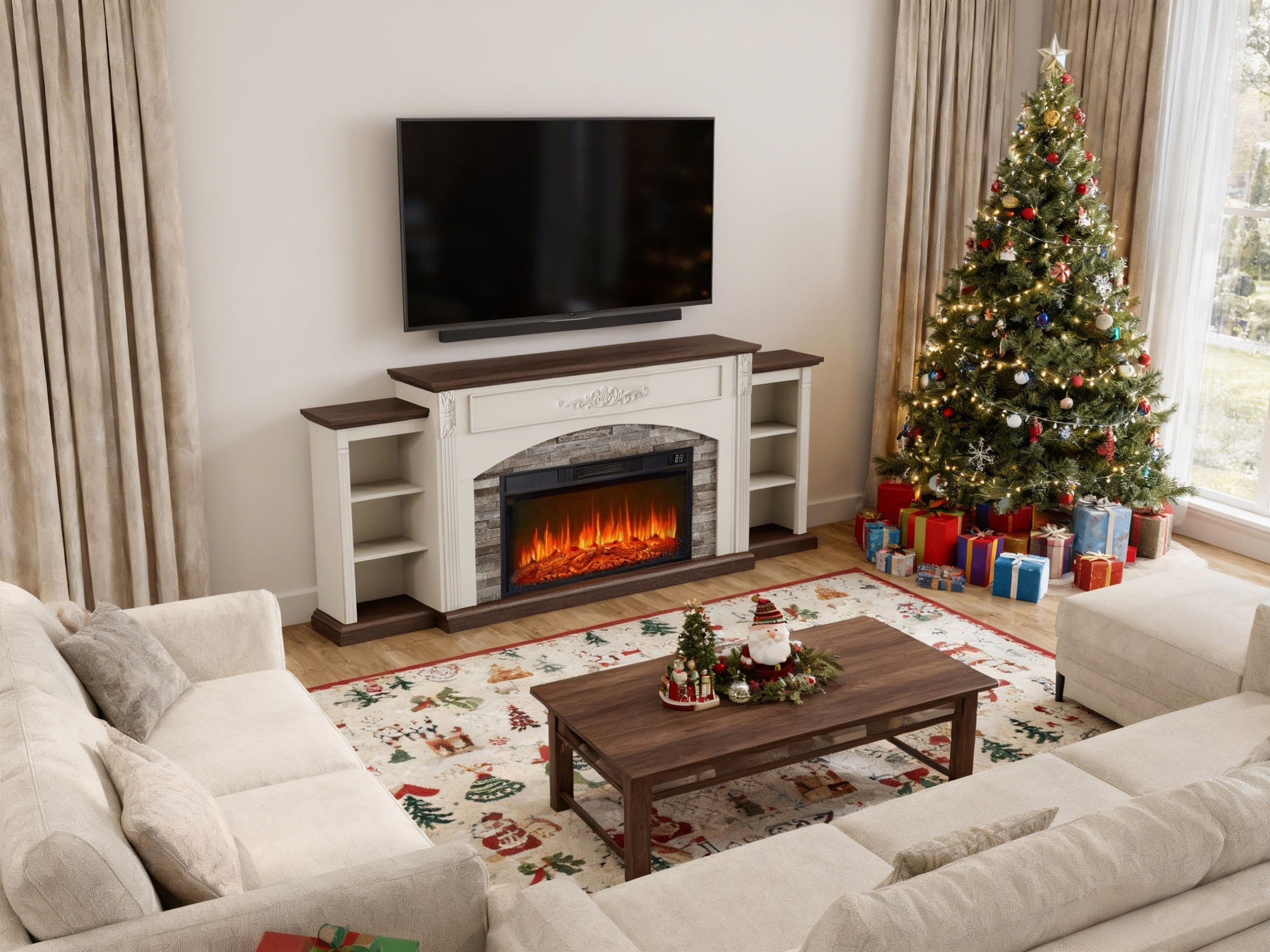 BOSHIRO 80" Electric Fireplace with Mantel and Cabinets, Fireplace TV Stand for Living Room Bedroom, Fits TVs up to 90”