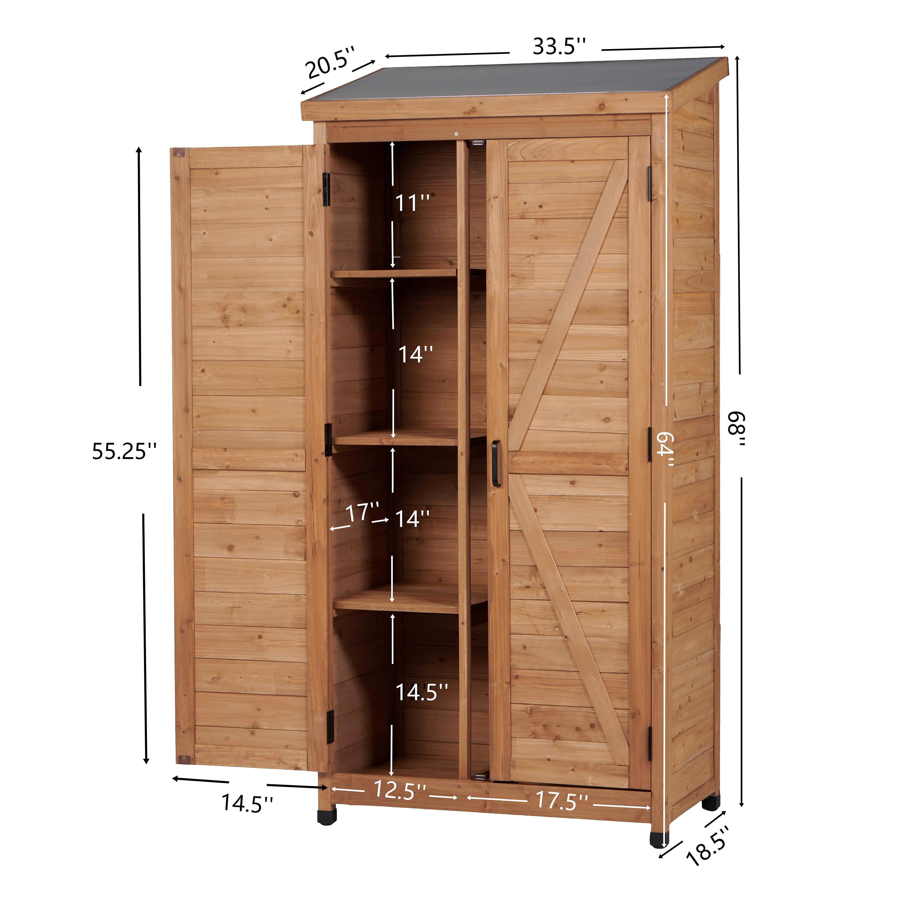 Outdoor Wooden Storage Shed with Metal Top and Double Doors, Tall Vertical Tool Cabinet and Garden Organizer, Gold