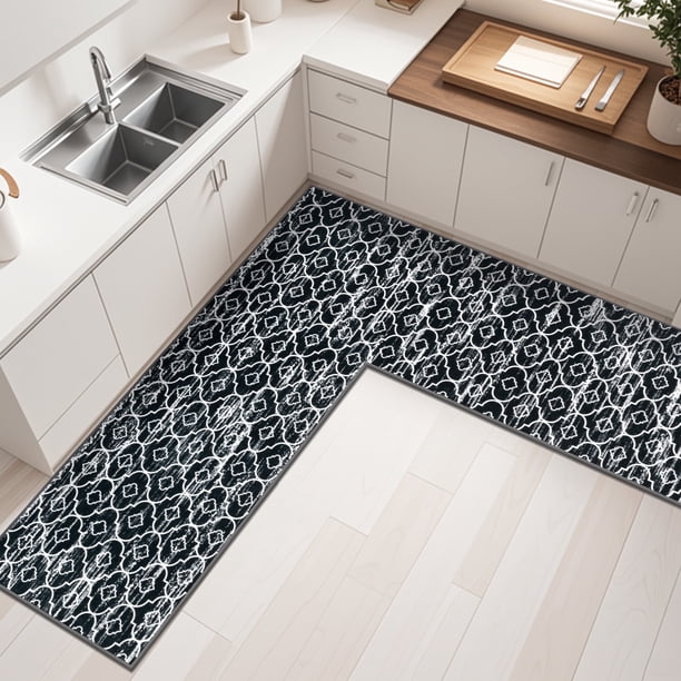 MeyJey Tapete de Cocina de Esquina, 1 Pieza Antideslizante en Forma de L para Piso, Corredor Absorbente Frente Al Fregadero, Tapetes Lavables para el Hogar, Cocina (Negro-L, 24"x 71"x 71")