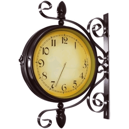 Wrought Iron Antique-Look Brown Round Wall Hanging Double Sided Two Faces Retro Station Clock Round Chandelier Clock with Scroll Wall Side Mount Home Décor Wall Clock 8-inch