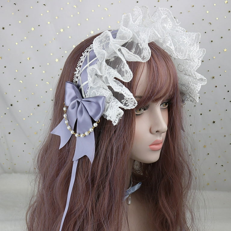 最先端 Lolita Ruffled Lace Headband Crisscross Ribbon Bow Pearls ヘアアクセサリー