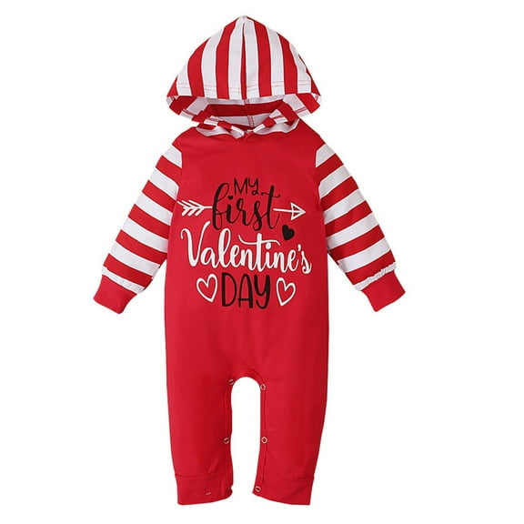 Afdoent Baby Boy Romper My First Valentine's Baby Boy Girl Clothes Letter Print Hooded Romper Striped Jumpsuit Kids Gifts