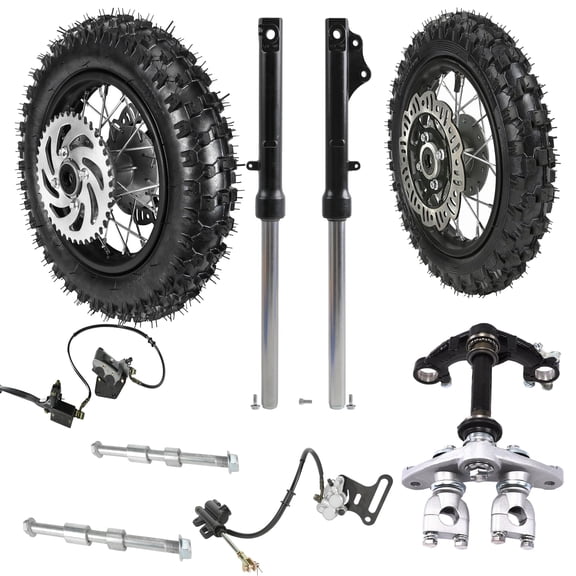 Front 2.50-10 Dirt Bike Tire & Rear 3.00-10 10" Tire Rim Wheels & Front Forks Triple Clamps Disc Brake Kit for CRF50 XR50 SSR Apollo Taotao Coolster 50cc 70cc 90cc 110cc Pit Bike Motorcycle