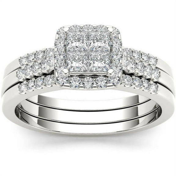 3/4 Carat T.W. Diamond Single Halo 14kt White Gold Engagement Ring Set