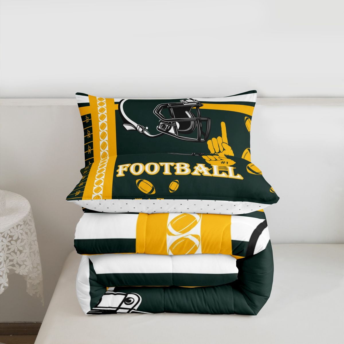 Erosebridal Football Bedding Set Full Size Green Bay Comforter Set Rugby Sports Gifts for Football Fans Women Men Football City Comforter American Football Duvet Set Bedroom Decor