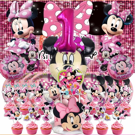 Minnie 1st One Party Supplies Decor Tableware Backdrop Banner Cake Topper Balloons Birthday Decorations