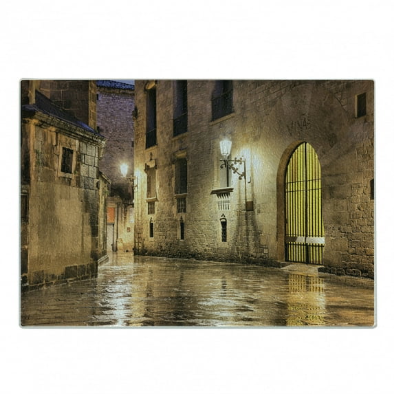 Gothic Cutting Board, Gothic Stone Quarter of Barcelona Spain Renaissance Heritage Night Street Photo, Decorative Tempered Glass Cutting and Serving Board, Small Size, Cream, by Ambesonne