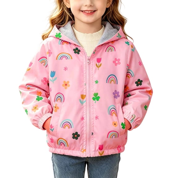 BXJX Girls Hooded Jackets Size 6-7 T, Outdoor Casual Long Sleeve Zip Up Kids Windbreaker Pink