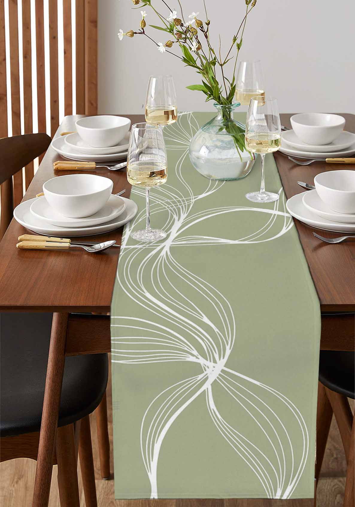 Sage Green Table Runner 36 Inches, Minimalist Abstract Modern White Art Bed Runner Dresser Scarves Tabletop for Indoor Outdoor Parties/Ceremony/Banquet, 13"x 36"