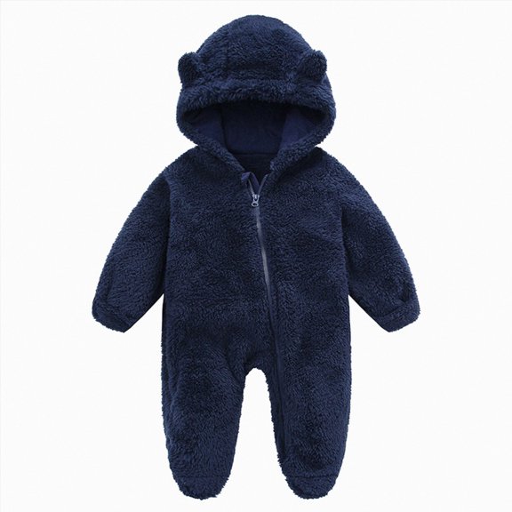 6-9 Months Newborn One-Piece Jumpsuit Newborn Infant Baby Girl Boy Cute Solid Long Sleeves Cartoon Ear Fleece Footed Hooded Zipper Romper Warm Jumpsuit Outfits Navy Newborn Gift