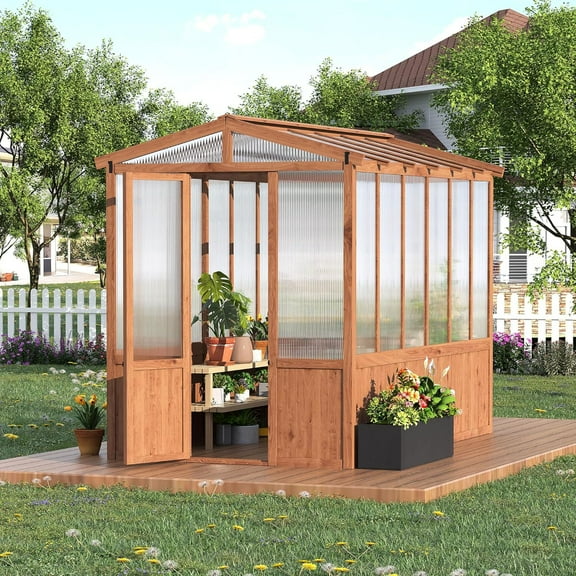 Ataucjin 6x10FT Wooden Greenhouse with Cedar Frame, Thicken Polycarbonate Panel Wooden Walk-in Greenhouse Kit Outdoor Wood Greenhouses with Roof Vent