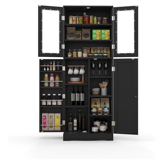 Kitchen Pantry Cabinet, 63.5” Tall Cupboard with Glass Doors, Shelves with Baffle, Wooden Storage Cabinet for Dining Room, Living Room, Utility Room (Black)