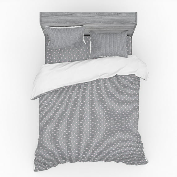 Ambesonne Love Bedding Set 4 Pcs, Hearts on Curvilinear Stripes, Queen, Grey Pale Fuchsia White