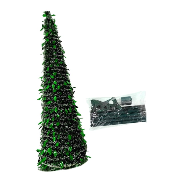 árbol de navidad artificial (1,5 m) plegable tipo lápiz en verde, vista frontal centrada de 150 cm de altura y 40 cm de diámetro con follaje en espiral y brillo metálico; incluye base y accesorios desmontables en bolsa. Ideal para entrada, aula u oficina y a menudo usado también como decoración vertical en escaparates o porches.