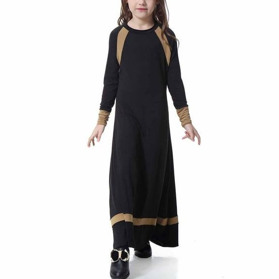Odeerbi Muslim Dress For Girls 2025 Long Sleeve Long Dress V Neck Colorblock Dress for Teen Girls Black