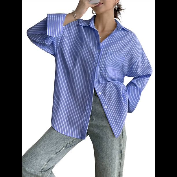 Camisas de Mujer con Botones, Camisas Formales A Rayas, Mangas Largas, Solapas, Camisas de Oficina, Blusas Azul XL