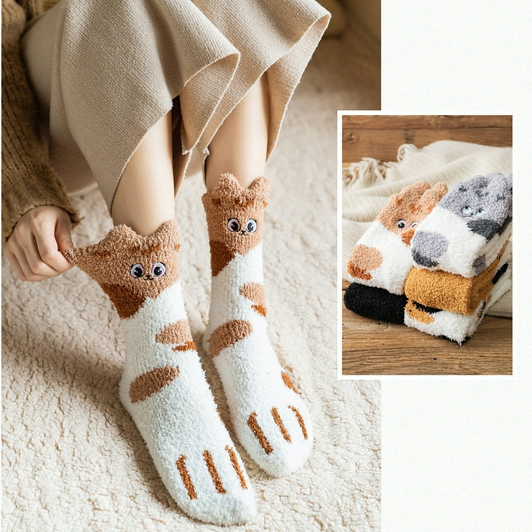 Tosewever 6 Pairs Women Warm Super Soft Plush Slipper Cat Paw Socks, Winter Fluffy Microfiber Fuzzy Cozy Socks Cute Cat Claw For Home Sleeping Indoor At Women's Clothing Store