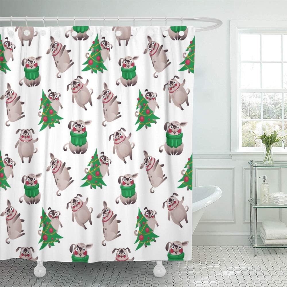 PKNMT Animals Cute Dogs with Christmas Tree Pug Character on White Ball