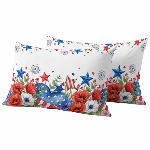 4th of July Floral Outdoor Waterproof Pillow Covers, Blue Red Independence Day Stars Decorative Rectangle Throw Pillowcase Sofa Cushion Sham for Patio/Couch/Chair, 20"x12" 2 Pack