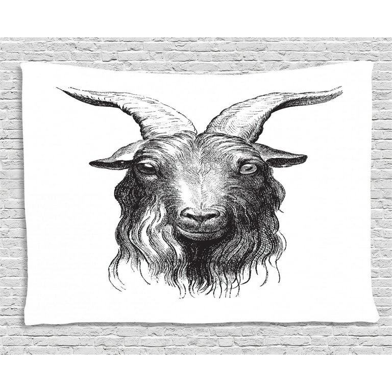 Goat Tapestry, Vintage Engraved Image of Goat Head Drawing