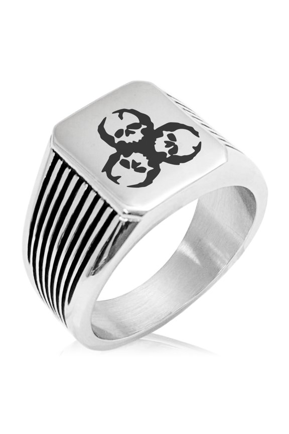 Stainless Steel Zombie Skull Biohazard Needle Stripe Pattern Biker Style Polished Ring