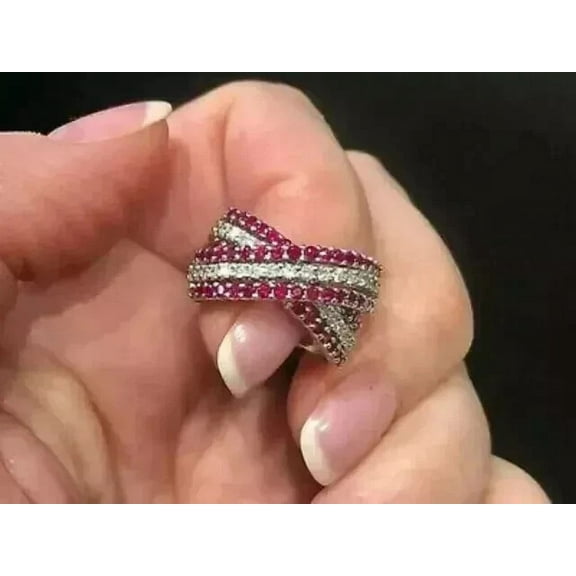 2.00Ct Round Cut Simulated Red Ruby & Diamond Wedding Crisscross Band Ring 14K White Gold Plated Silver For Women's